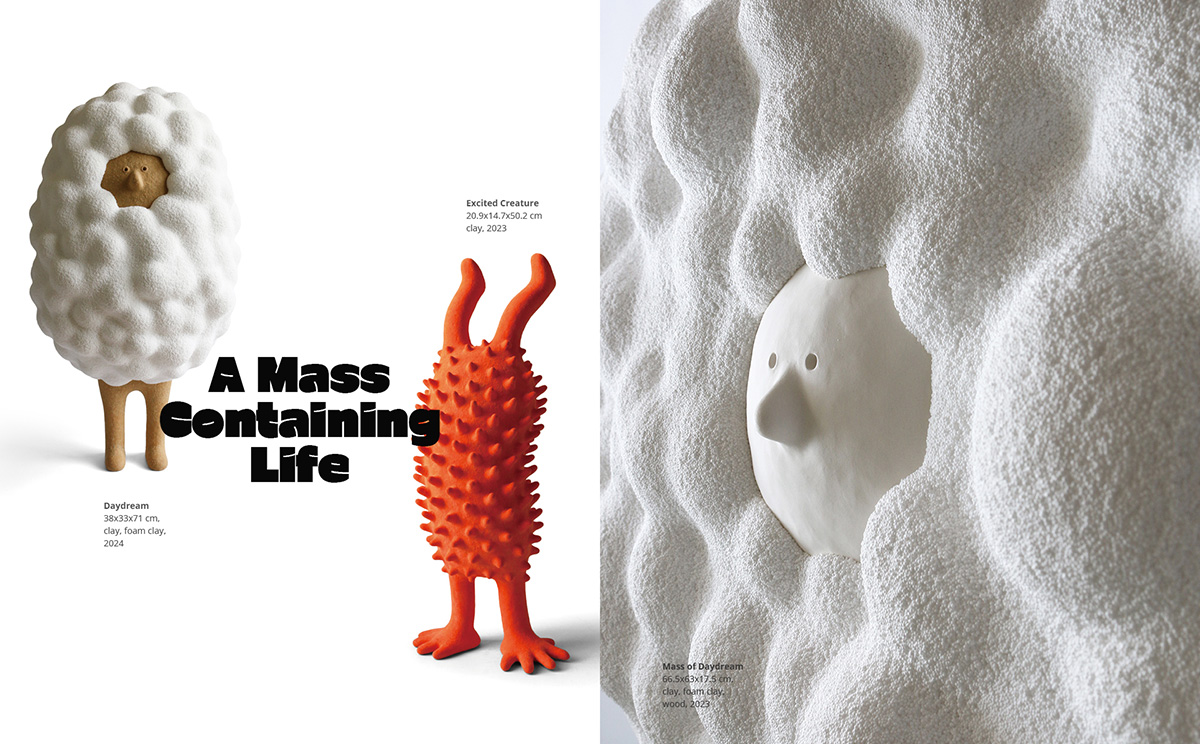 A Mass Containing Life | (left) Excited Creature 20.9x14.7x50.2cm clay, 2023 / Daydream 38x33x71cm Clay, foam clay, 2024 | (right) Mass of Daydream 66.5x63x17.5cm, clay, foam clay, wood, 2023.