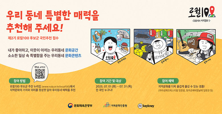 우리 동네 특별한 매력을 추천해주세요!
제2기 로컬100 후보군 국민추천 접수
내가 좋아하고, 이웃이 아끼는 우리동네 문화공간
소소한 일상 속 특별함을 주는 우리동네 문화콘텐츠
문화브랜드 문화축제 문화거리
참여방법 로컬100 후보군 추천 누리집(https://www.rcda.or.kr/local100/)에서 지역문화의 가치와 의미를 정성껏 담아 우리동네 매력을 추천
참여 기간 및 대상
2025.07.01.(화)~07.31.(목) 전 국민 누구나!
참여 혜택
지역문화를 더욱 즐겁게 즐길 수 있는 경품!
(자라섬재즈페스티벌 입장권, 청주문화비엔날레 입장권 등)
문화체육관광부 지역문화진흥원 Keykney