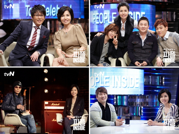 백지연의 피플 INSIDE 출연자들-위의 왼쪽사진-신승훈과백지연, 위의 오른쪽-슈퍼스타K  출연자와백지연, 아래 왼쪽-김태원과백지연, 아래 오른쪽-윤일상과백지연