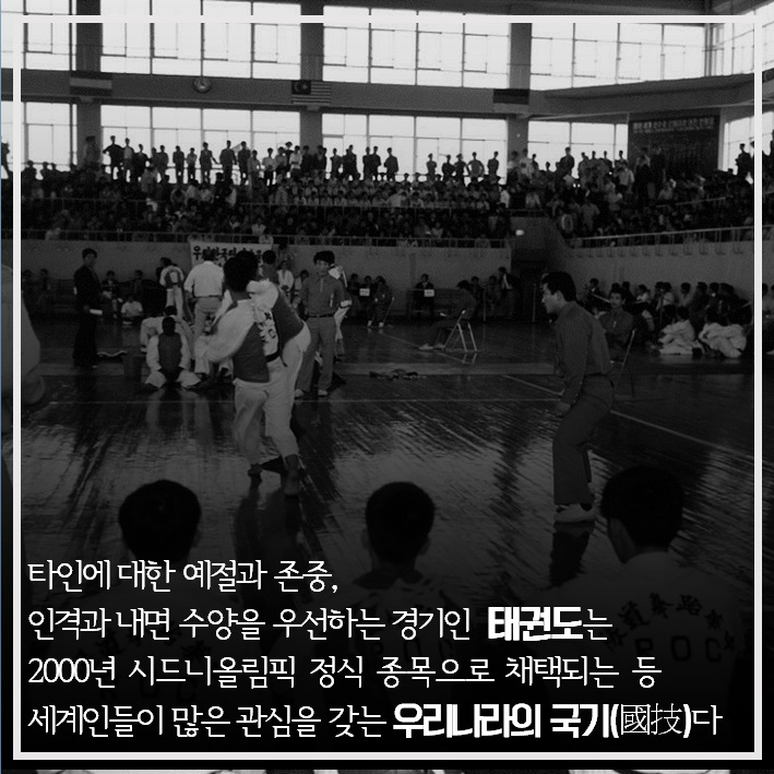 타인에 대한 예절과 존중. 인격과 내면수양을 우선하는 경기인 태권도는 2000년 시드니올림픽 정식 종목으로 채택되는 등 세계인들이 많은 관심을 갖는 우리나의 국기(國技)다