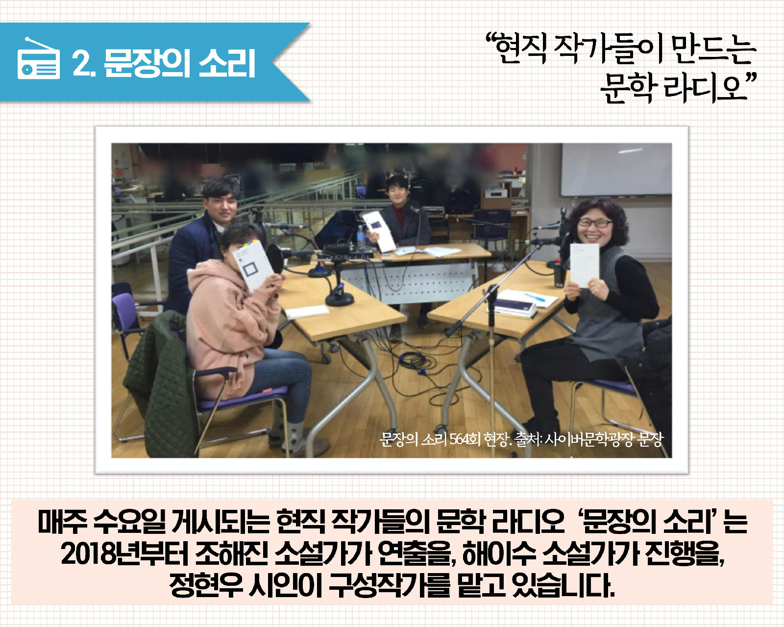 2.문장의 소리 현직 작가들이 만드는 문학 라디오 | 매주 수요일 게시되는 현직 작가들의 문학 라디오 '문장의 소리'는 2018년부터 조해진 소설가가 연출을, 해이수 소설가가 진행을, 정현우 시인이 구성작가를 맡고 있습니다.