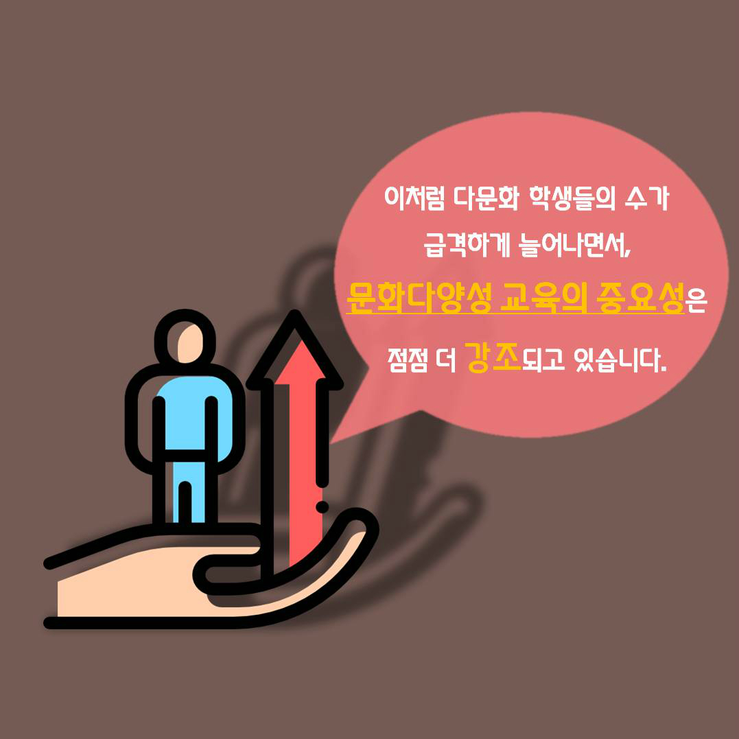 이처럼 다문화 학생들의 수가 급격하게 늘어나면서, 문화다양성 교육의 중요성은 점점 더 강조되고 있습니다.