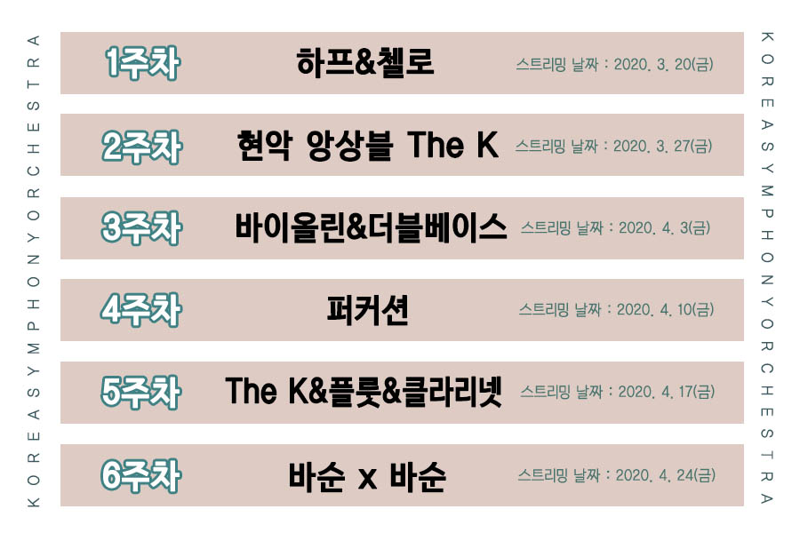 내 손안의 콘서트 일정표 ㅣ 1주차 하프&첼로 스트리밍 날짜 : 2020.3.20(금) ㅣ 2주차 현악 앙상블 The K 스트리밍 날짜 : 2020.3.27(금) ㅣ 3주차 바이올린&더블베이스 스트리밍 날짜 : 2020. 4.3(금) ㅣ 4주차 버커션 스트리밍 날짜 : 2020. 4. 10(금) ㅣ 5주차 The K&플룻&클라리넷 스트리밍 날짜 : 2020.4.17(금) ㅣ 6주자 바순X바순 스트리밍 날짜 : 2020.4.24(금)