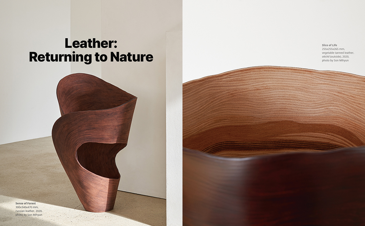 Leather: Returning to Nature - (left)Sense of Forest 300x 340x470mm, russian leather, 2020. photo by Son Mihyun / (right)Slice of Life 255x255x265 mm, vegetable tanned leather, <i>ottchil</i>(outside), 2020. photo by Son Mihyun