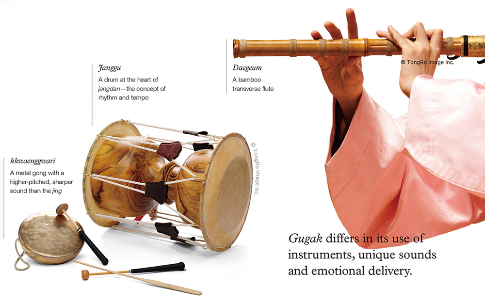 KKwaenggwari, Janggu, Daegeum, Gugak differs in its use of instrument, unique sounds and emotional delivery